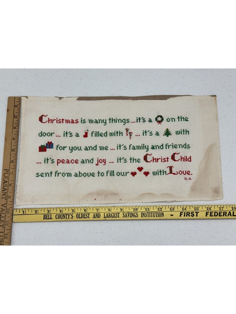 Vintage Religious Christmas Sampler Cross Stitch Red Green 9.5" x 17"